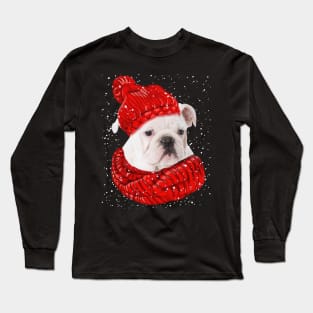 White English Bulldog Wearing Red Hat And Scarf Christmas Long Sleeve T-Shirt